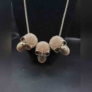 Heavy Silver Tone Unisex 3 skull encrusted rhinestone heads necklace
